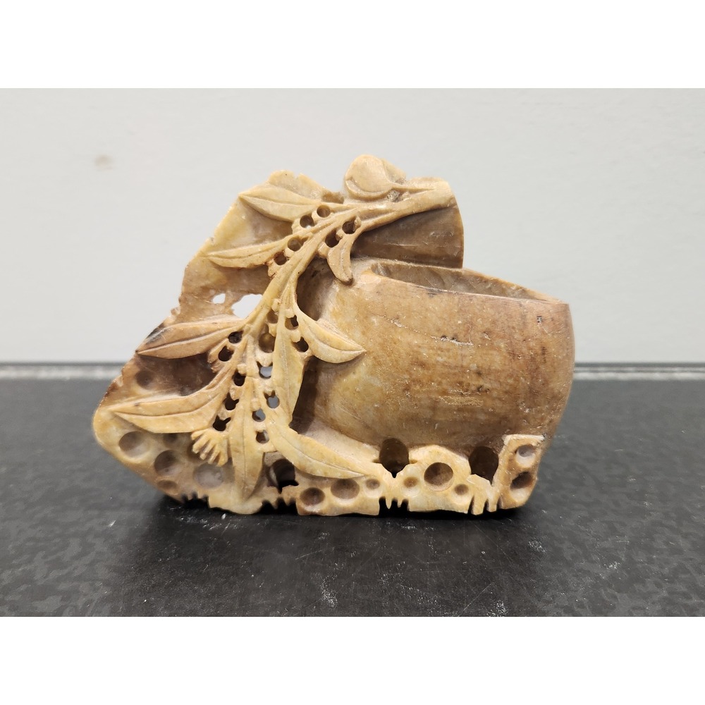 Vintage Carved Soapstone Floral Carved Chinese Vase Vessel Decorative Art Good